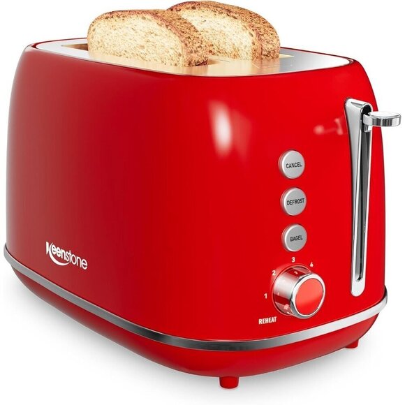 2 Slice Stainless red Steel Toaster Retro with 6 Bread Shade Settings, Bagel, - Picture 1 of 7